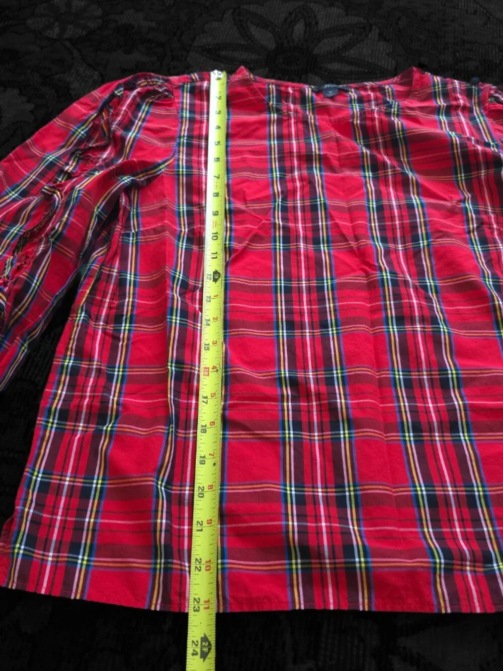 J. Crew Red Ruffle 3/4 Puff Sleeve in Stewart Tartan Black Button Detail EUC Med